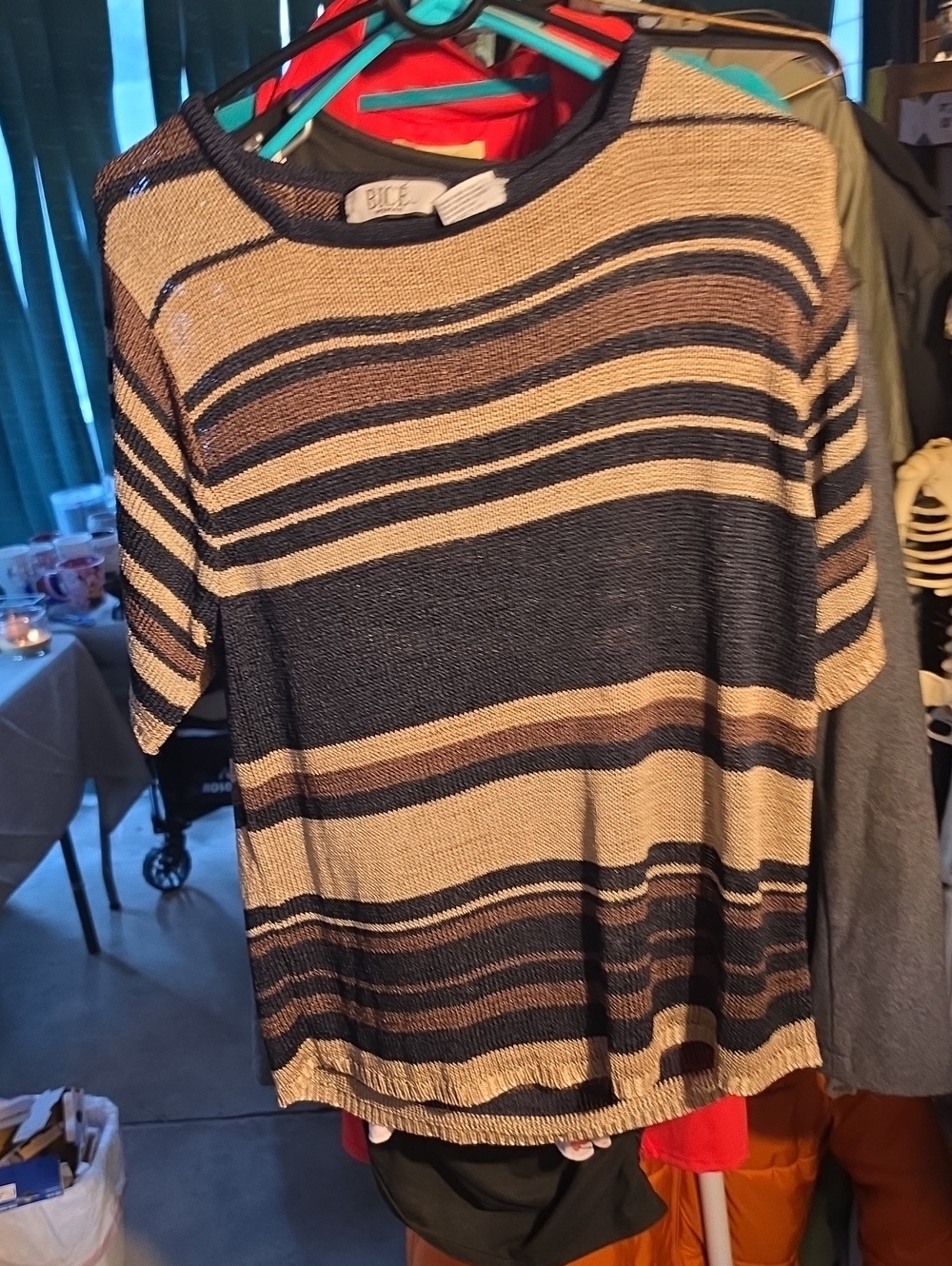 Bice Striped Short-Sleeve Crew Sweater - Navy and Tan